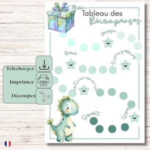 Può includere: Un grafico delle ricompense con un'illustrazione ad acquerello di un cofanetto regalo e un simpatico dinosauro. Il grafico presenta un percorso di cerchi e pietre miliari a forma di stella con testo in francese. Include istruzioni per scaricare, stampare e tagliare.