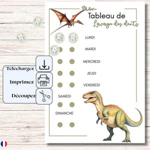 May include: A printable chart with a dinosaur theme, designed to track teeth brushing habits. The chart features a pterodactyl, a T-Rex, and the text "Mon Tableau de Lavage des dents". Includes icons for downloading, printing, and cutting.