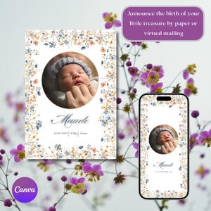 Anuncio de nacimiento sencillo con flores silvestres, anuncio original, llegada de bebé, Canva personalizable como regalo de anuncio digital