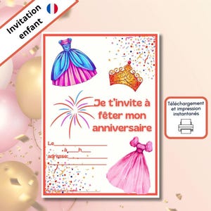French birthday invitation card with a princess and fancy-dress theme, printable pink and orange PDF invitation, for ages 4 and 5.