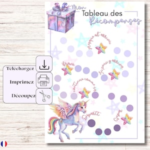 May include: A printable reward chart with a unicorn, stars, and gift box illustrations. The chart includes the text "Mon Tableau des Récompenses" and instructions to download, print, and cut. The design features a pastel color palette.