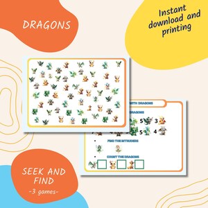 Jeux pour enfants cherche et trouve dragons à imprimer instantanément, imprimable de fête cherche et trouve, carte de jeux pdf