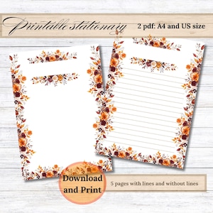 Könnte beinhalten: Zwei bedruckbare Briefpapierbögen mit floralen Rändern in Orange, Rot und Braun. Ein Bogen ist liniert, der andere ist leer. Der Text enthält "Printable stationary", "2 pdf: A4 and US size", "Download and Print" und "5 pages with lines and without lines."