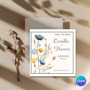 save the date anniversaire et mariage fleurs sauvages aquarelles, carte invitation mariage carrée simple modifiable à volonté sur canva