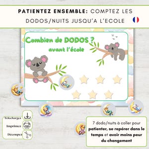 Op de afbeelding: Een printbare aftelkaart met twee grijze koala's op boomtakken, met de tekst 'Combien de DODOS ? avant l'école'. Het bevat zeven stervormige vakjes en ronde stickers met dieren die op manen slapen om de nachten tot schooltijd bij te houden.