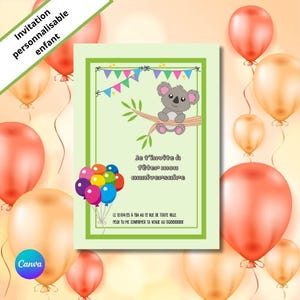 carte invitation anniversaire en français koala mignon, personnalisable sur canva, pdf invitation personnalisable, anniversaire 4ans 5ans