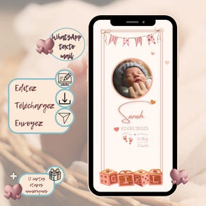 Banner digital para anúncio de nascimento, cartão de boas-vindas ao bebê, anúncio de nascimento CANVA editável em tons de rosa