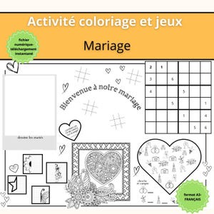 Peut inclure: Une page à colorier et une feuille d'activités imprimables pour un mariage. La page présente un cœur avec un motif de mandala, une recherche de mots sur le thème du mariage, un jeu de recherche d'objets sur le thème du mariage et un espace vide pour dessiner la mariée et le marié. La page est en français et comprend le texte "Bienvenue à notre mariage".