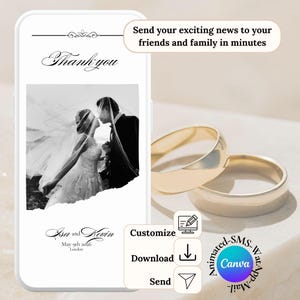 carte de remerciement numérique simple et romantique, merci par téléphone et mail, modèle de remerciement personnalisable noir et blanc