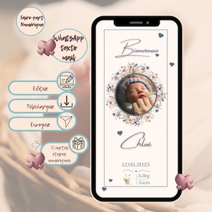 Faire-part de naissance numérique fleurs sauvages, carte de bienvenue pour bébé, faire part de naissance modifiable CANVA