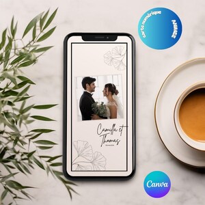 Minimalist digital wedding thank you, digital ginko leaves thank you card, editable wedding thank you with photo 6p