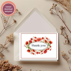 carte de remerciement printanière coquelicot et rouge à imprimer instantanément, merci de mariage et de fête original et coloré,