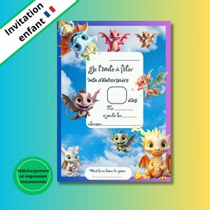carte invitation anniversaire en français dragons, pdf invitation en français instantanément imprimable , anniversaire 4ans 5ans