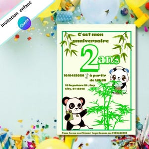 carte invitation anniversaire panda, personnalisable sur canva, pdf invitation personnalisable, anniversaire 4ans 5ans