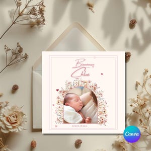 Anuncio de nacimiento en tonos rosas, cuadrado, original y sencillo, anuncio de nacimiento, llegada de bebé, editable y personalizable en Canva