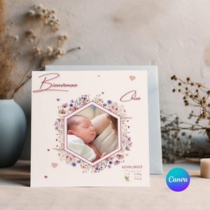Anuncio de nacimiento cuadrado de flores silvestres, anuncio de nacimiento original y sencillo, llegada del bebé, editable y personalizable en Canva