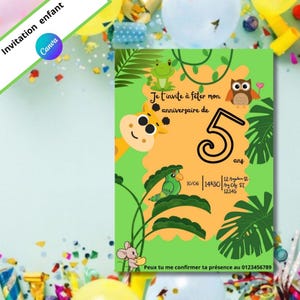 carte invitation anniversaire animaux, personnalisable sur canva, pdf invitation personnalisable, anniversaire 4ans 5ans
