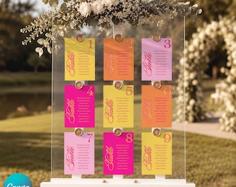 Tafelindeling in roze en oranje zomerse stijl, aanpasbaar kleurrijk nummersjabloon voor bruiloften, verlovingen en huwelijksjubilea (Z8)