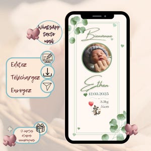 Faire-part naissance numérique eucalyptus, carte de bienvenue pour bébé, faire part de naissance modifiable CANVA
