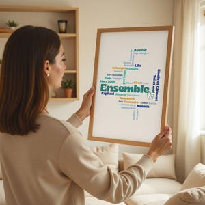 Póster de regalo de nube de palabras personalizado de la historia de su vida en francés, póster de nube de palabras azul y verde, regalo de pareja, aniversario