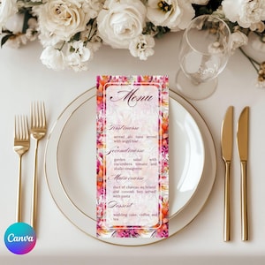Modèle menu 4x9 pouces au thème floral orange et rose, personnalisable et impression DIY, décoration table mariage et événement estival X3V