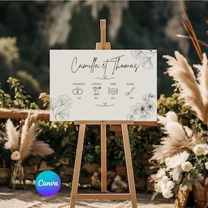 May include: A white wedding sign with black text and illustrations. The sign reads "Camilla & Thomas" and lists the wedding day schedule: Ceremony, Cocktail, Dinner, and Soiree. Each event has a corresponding icon and time.