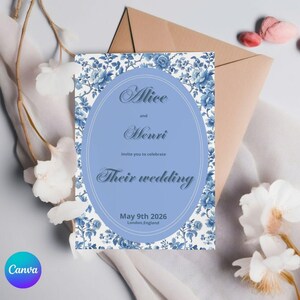 Invitación floral estilo chinoiserie azul claro vintage, plantilla de invitación de boda editable, invitación de cumpleaños, descarga instantánea