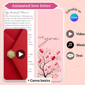 以下が含まれることがあります： 金色のワックスシールが付いた赤い封筒、My Dearest Nameで始まるテキストの付いた手紙、ハート型の葉を持つ木とI love youのテキストが描かれたピンクの背景を備えた、アニメーション化されたラブレターのデジタルテンプレート。Canvaで編集可能。
