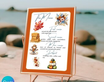 Autumn menu template for birthdays, weddings and parties, printable and customizable orange autumn menu card