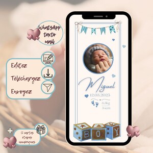 Faire-part naissance numérique banderole, carte de bienvenue pour bébé, faire part de naissance modifiable CANVA dans les tons bleu