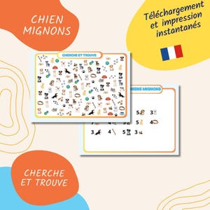 Jeux imprimable pour enfants cherche et trouve chiens mignons, imprimable de fête cherche et trouve, carte de jeux pdf à imprimer