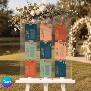 Terracotta and autumn-colored seating chart; customizable, colorful template for weddings, engagements, or wedding anniversaries in autumn