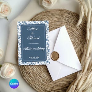 vintage midnight blue toile de jouy invitation, editable wedding, baptism, party invitation template and instantly downloadable