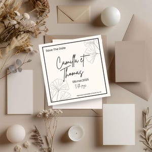save the date carré minimaliste modifiable à volonté, invitation anniversaire minimaliste beige et noire, carte invitation personnalisable