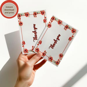 modèle de carte de remerciement printanière coquelicot rouge à imprimer instantanément, dire merci à vos invités