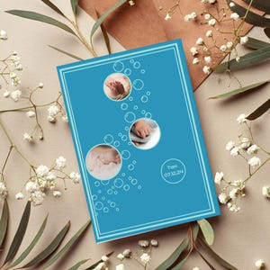 anuncio de nacimiento original en tonos azules, anuncio de nacimiento a doble cara para personalizar, tarjeta de llegada del bebé, papelería de nacimiento