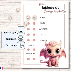 Op de afbeelding: Een afdrukbare tandheelkundige hygiënekaart met de tekst "Mon Tableau de Lavage des dents" en de dagen van de week. Bevat een schattige roze drakenillustratie en pictogrammen.