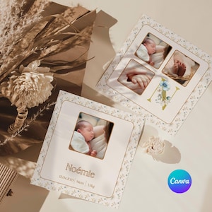 faire-part naissance simple avec fleurs sauvages et lettre personnalisée, arrivée bébé, faire part naissance imprimable sur Canva