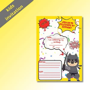 carte invitation anniversaire enfant Ninja, carte invitation Ninja, pdf invitation anglais, anniversaire 6ans, 7ans, 8ans
