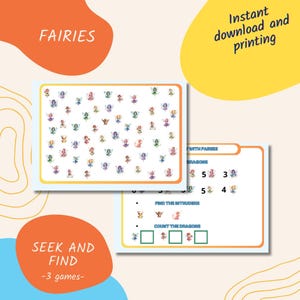 Jeux pour enfants cherche et trouve fées à imprimer instantanément, imprimable de fête cherche et trouve, carte de jeux pdf