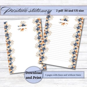 Puede incluir: Dos hojas de papelería imprimible con un borde floral en tonos azules, beige y dorados. Una hoja está rayada, la otra está en blanco. El texto dice "Printable stationary" y "Download and Print". La papelería está disponible en tamaños A4 y US.