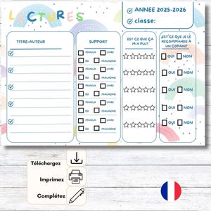 May include: A colorful reading log with the word "LECTURES" at the top. It includes sections for title, author, support, and ratings. The log also has check boxes for "Oui" and "Non" and the text "ANNEE 2025-2026".
