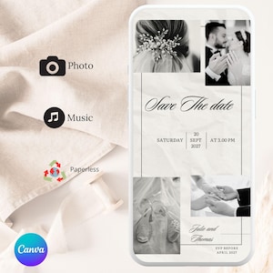 Peut inclure: Une invitation de mariage numérique sur un écran de smartphone, avec le texte "Save The Date". Elle comprend des photos en noir et blanc d'un couple, de chaussures et de mains. La date est le samedi 20 septembre 2027 à 15h00. L'invitation est sans papier.