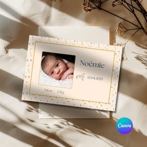 faire-part naissance personnalisable simple avec fleurs sauvages, annonce originale, arrivée bébé, faire part naissance imprimable sur Canva