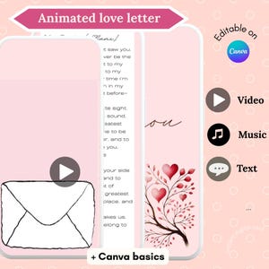 May include: An animated love letter digital template featuring a pink background, a hand-drawn envelope icon, and a tree with heart-shaped leaves. The design includes text placeholders, video, music, and text icons, with the label Editable on Canva.