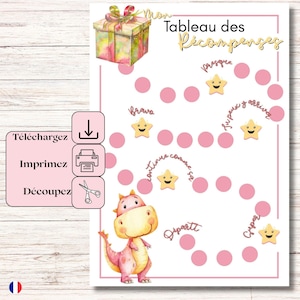 Peut inclure: Tableau de récompenses rose et blanc avec une illustration de dinosaure. Le tableau comprend des cercles roses, des autocollants en forme d'étoile et du texte en français. Une illustration de boîte cadeau est dans le coin supérieur gauche. Instructions pour télécharger, imprimer et découper.