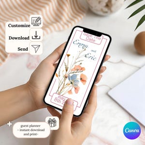 Faire part mariage anniversaire baby shower fleuri rose, Faire-part avec téléphone, carte invitation numérique fleurs sauvages, ton rose