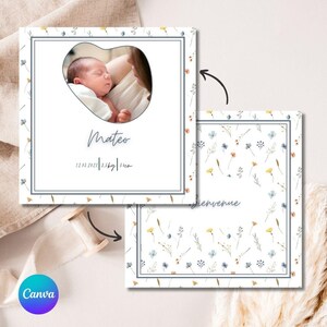 Anuncio de nacimiento de flores silvestres, anuncio de nacimiento original y sencillo, llegada del bebé, editable y personalizable en Canva