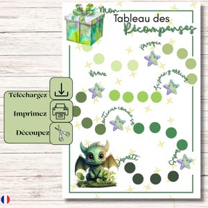 Peut inclure: Un tableau de récompenses vert et blanc, avec une boîte cadeau à l'aquarelle et une illustration de dragon mignon. Le tableau comprend du texte en français et des marqueurs de récompense en forme d'étoile.