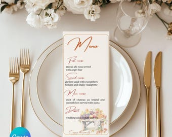 Sjabloon voor een herfstbruiloftmenu, printbaar menusjabloon in herfstkleuren, aanpasbare menukaart, herfsttafeldecoratie